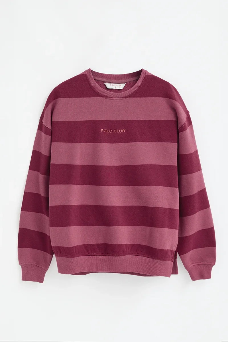 2026 New Arrival Wine-pink round-neck striped sweatshirt with Polo Club embroidery