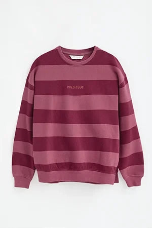 2026 New Arrival Wine-pink round-neck striped sweatshirt with Polo Club embroidery