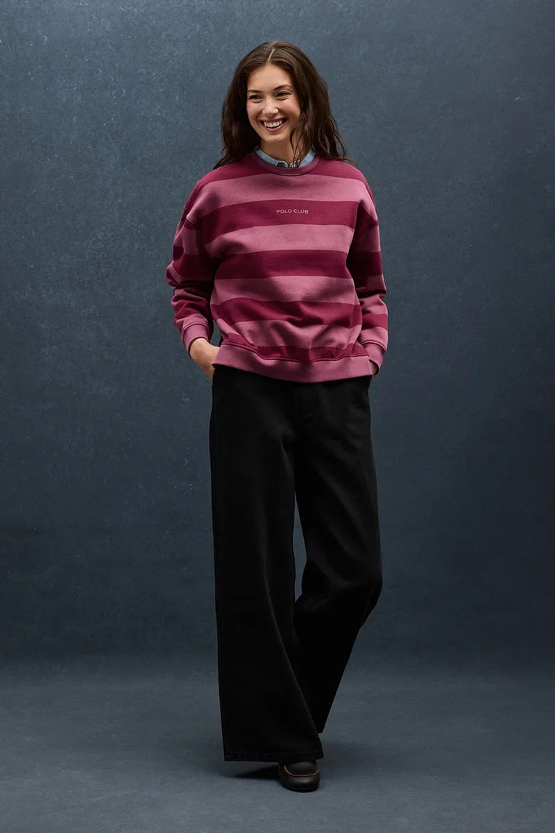 2026 New Arrival Wine-pink round-neck striped sweatshirt with Polo Club embroidery