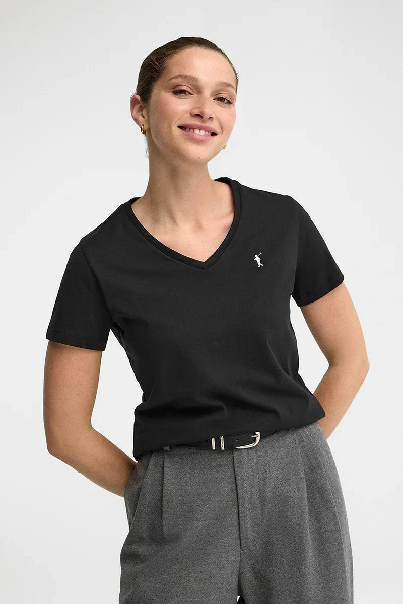 2026 New Arrival Black V-neck T-shirt with Rigby Go embroidery