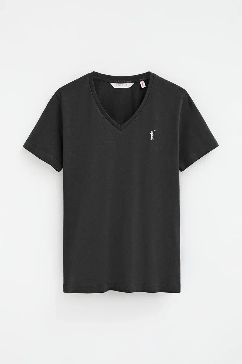 2026 New Arrival Black V-neck T-shirt with Rigby Go embroidery