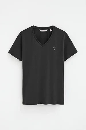 2026 New Arrival Black V-neck T-shirt with Rigby Go embroidery