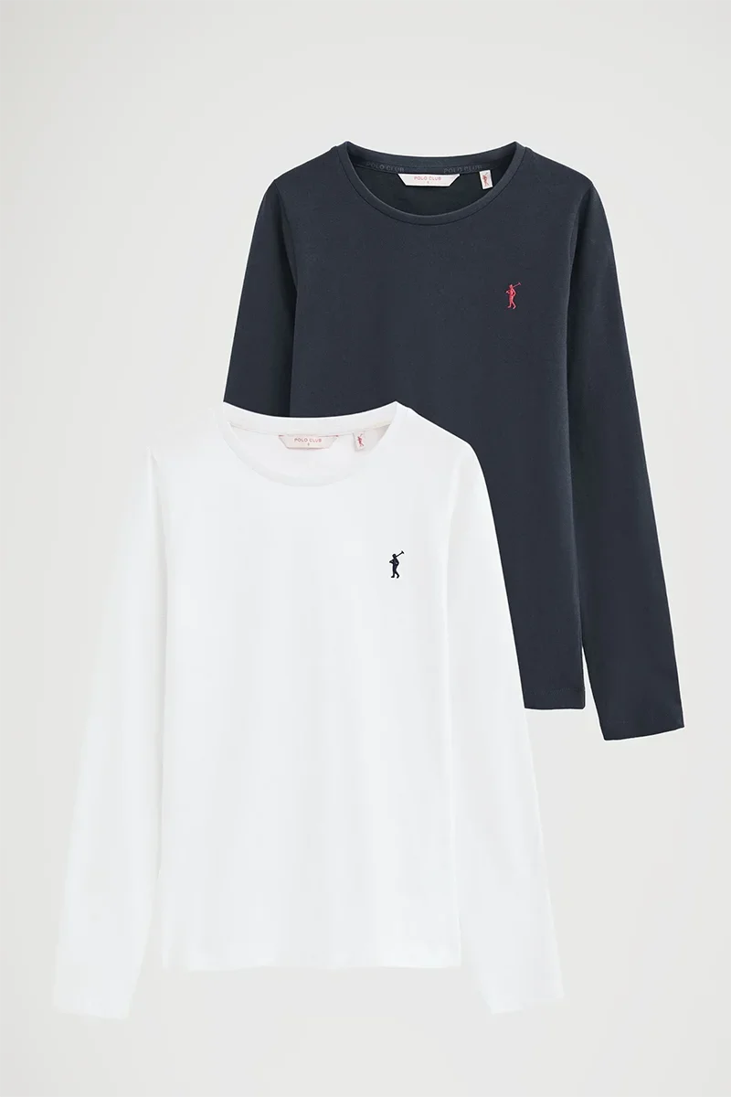 2026 New Arrival Round-neck 2-pack T-shirts in white and navy blue with long sleeves and Rigby Go embroidery
