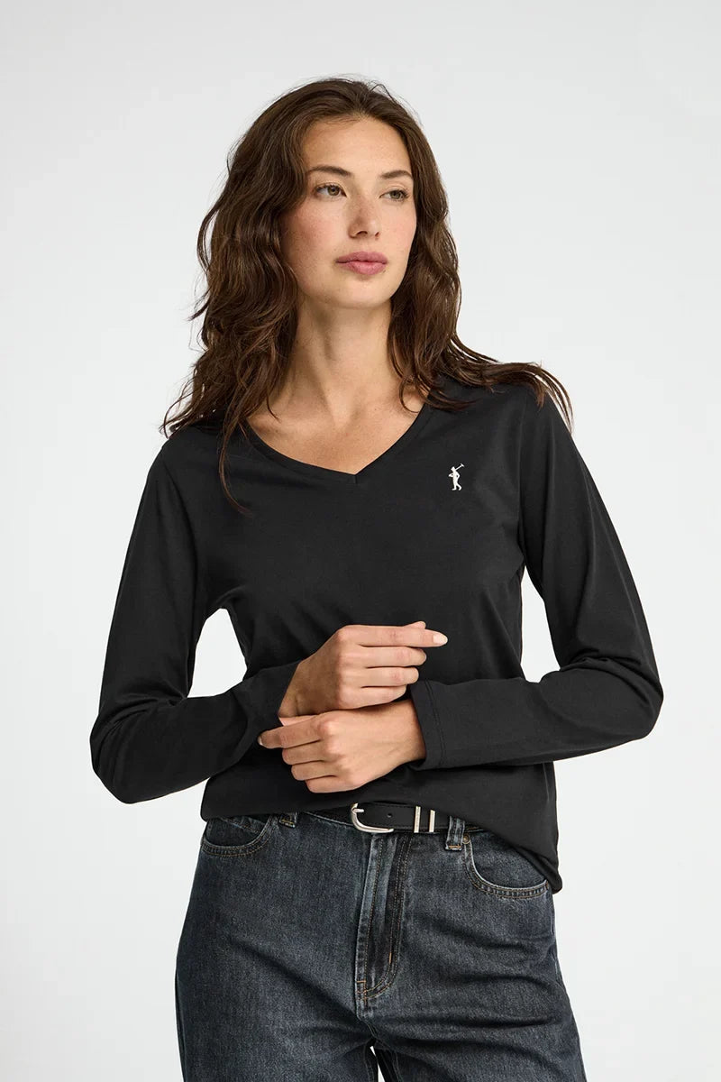 2026 New Arrival Black long-sleeve V-neck T-shirt with Rigby Go embroidery