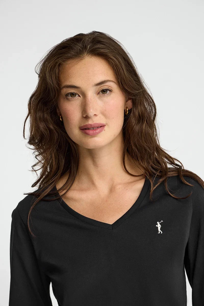 2026 New Arrival Black long-sleeve V-neck T-shirt with Rigby Go embroidery