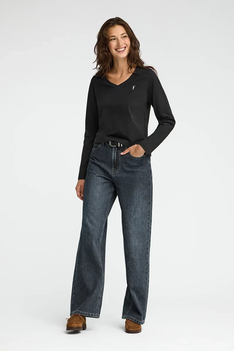 2026 New Arrival Black long-sleeve V-neck T-shirt with Rigby Go embroidery