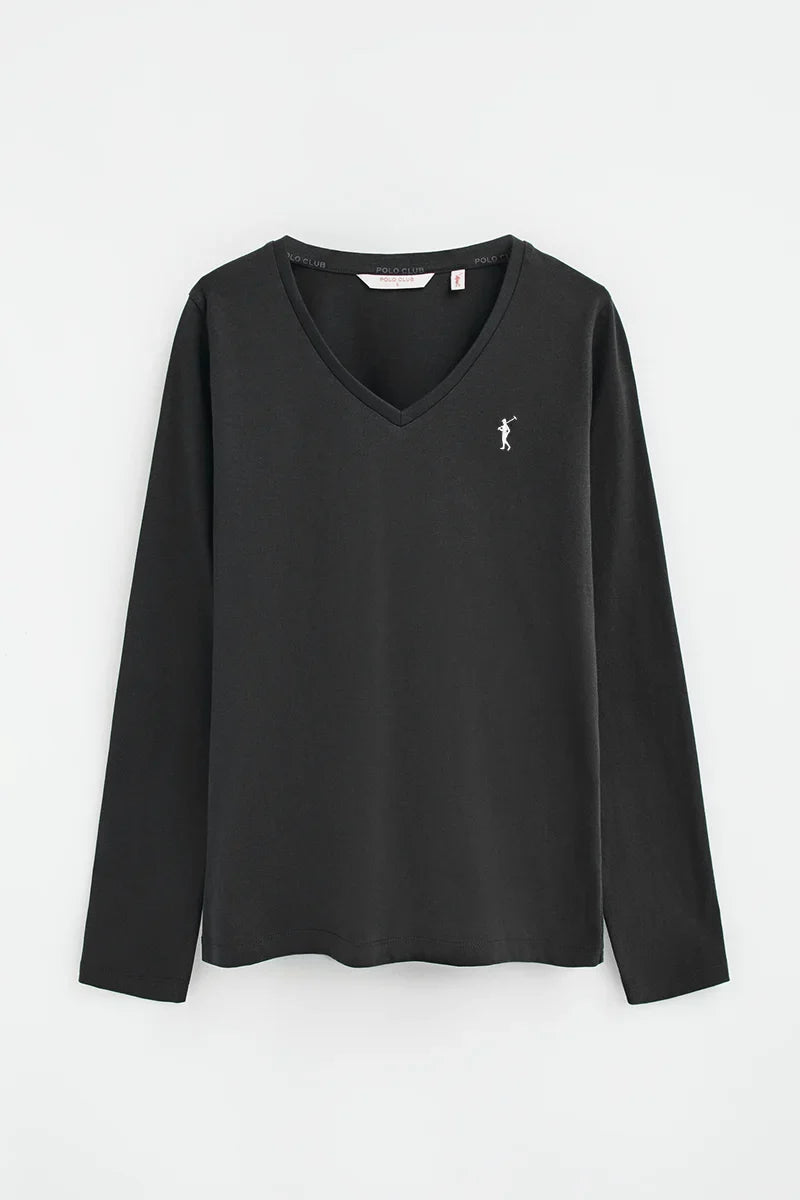 2026 New Arrival Black long-sleeve V-neck T-shirt with Rigby Go embroidery