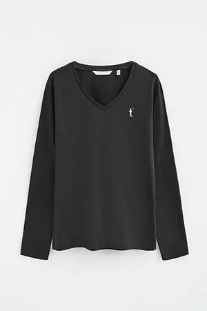 2026 New Arrival Black long-sleeve V-neck T-shirt with Rigby Go embroidery