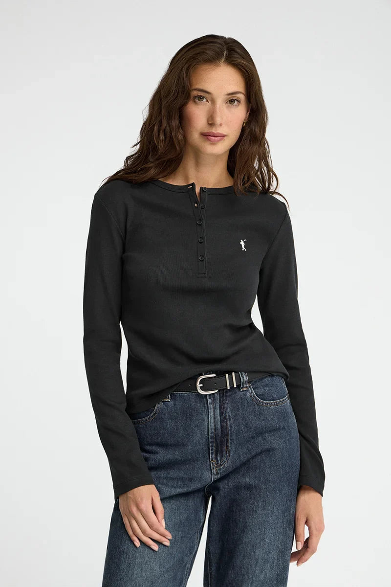 2026 New Arrival Black ribbed Henley T-shirt with Rigby Go embroidery