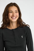 2026 New Arrival Black ribbed Henley T-shirt with Rigby Go embroidery