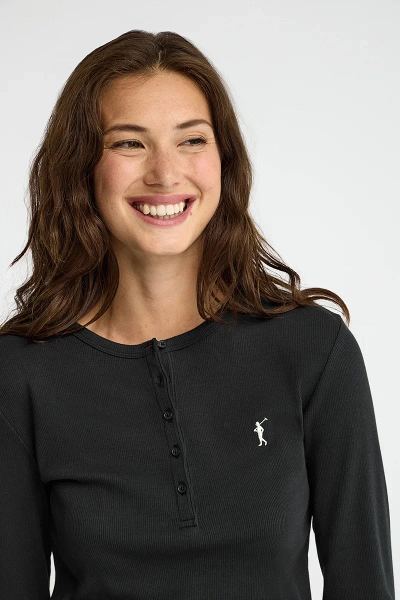 2026 New Arrival Black ribbed Henley T-shirt with Rigby Go embroidery