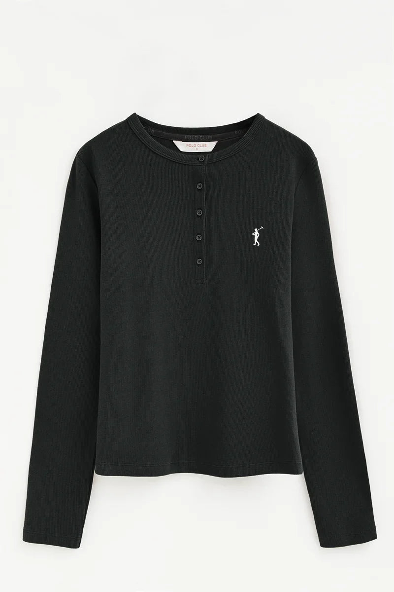 2026 New Arrival Black ribbed Henley T-shirt with Rigby Go embroidery