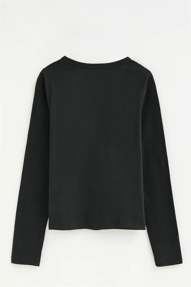 2026 New Arrival Black ribbed Henley T-shirt with Rigby Go embroidery