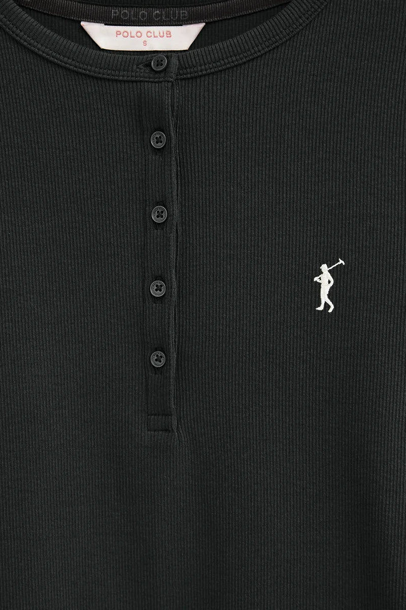 2026 New Arrival Black ribbed Henley T-shirt with Rigby Go embroidery