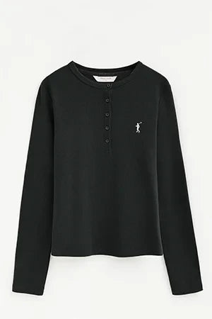 2026 New Arrival Black ribbed Henley T-shirt with Rigby Go embroidery