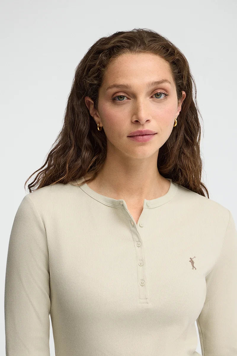 2026 New Arrival Beige ribbed Henley T-shirt with Rigby Go embroidery