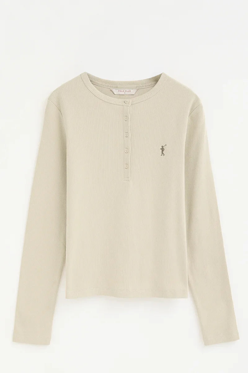 2026 New Arrival Beige ribbed Henley T-shirt with Rigby Go embroidery
