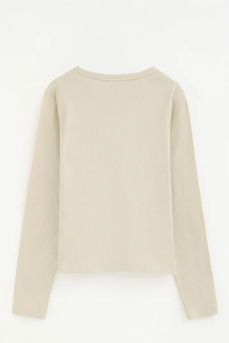 2026 New Arrival Beige ribbed Henley T-shirt with Rigby Go embroidery