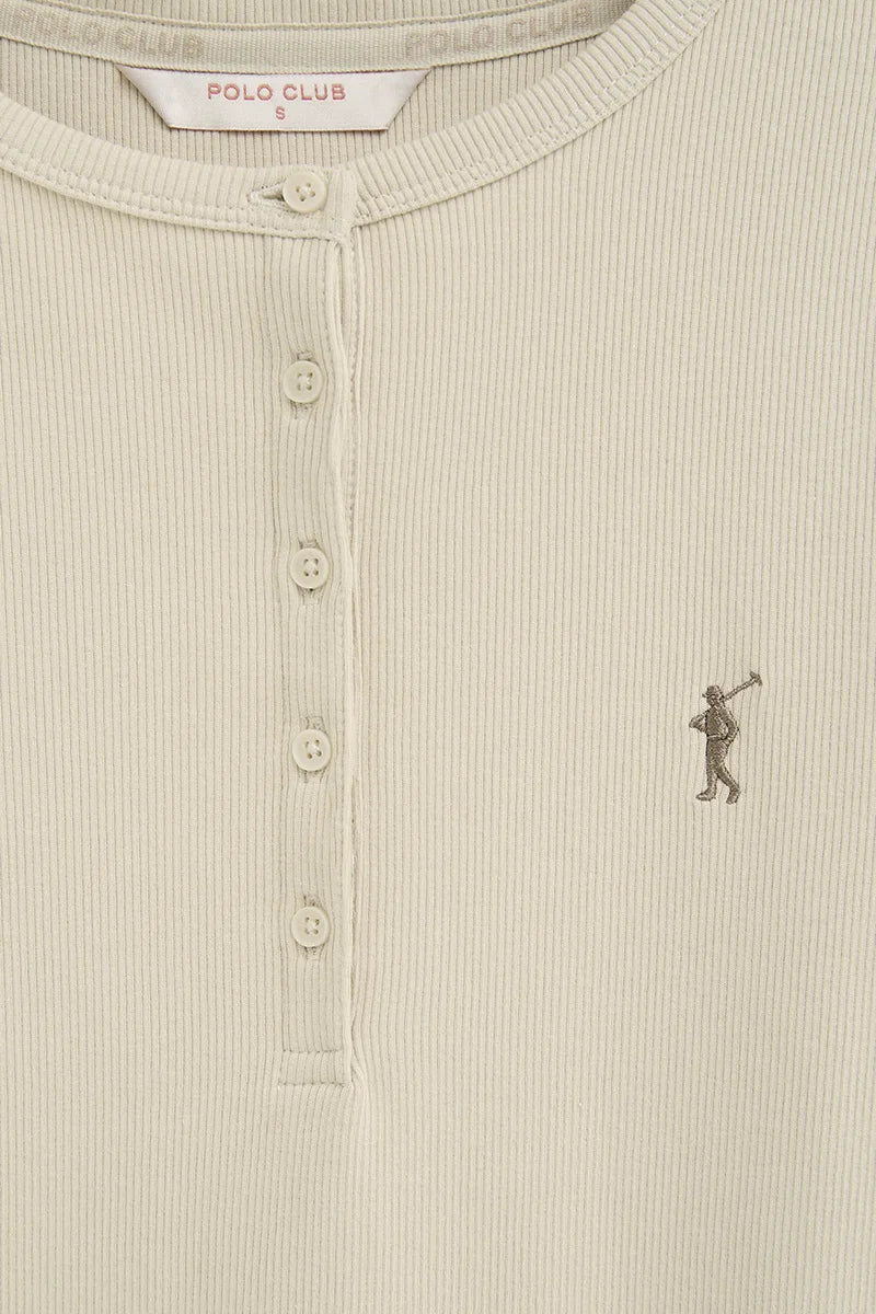 2026 New Arrival Beige ribbed Henley T-shirt with Rigby Go embroidery