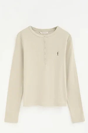 2026 New Arrival Beige ribbed Henley T-shirt with Rigby Go embroidery