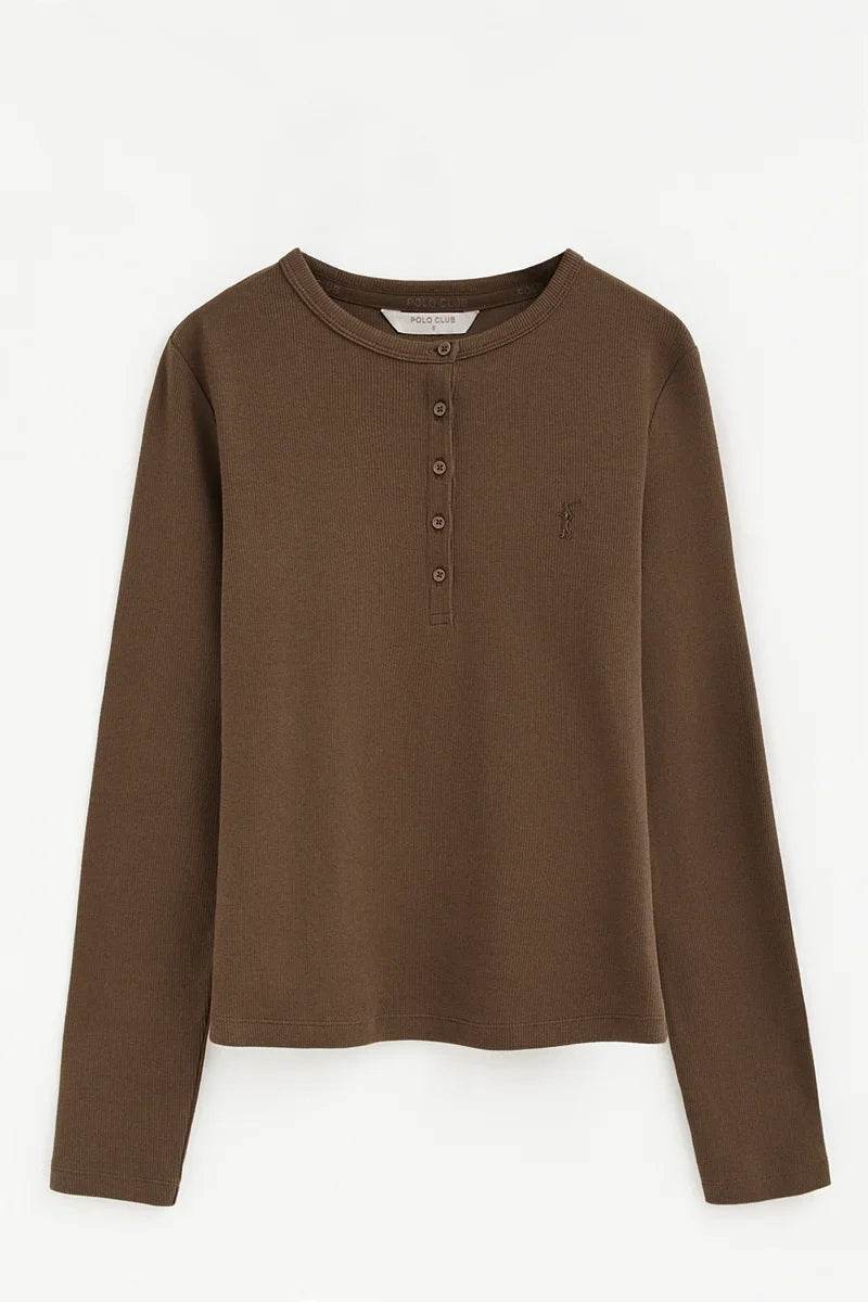 2026 New Arrival Brown ribbed Henley T-shirt with Rigby Go embroidery