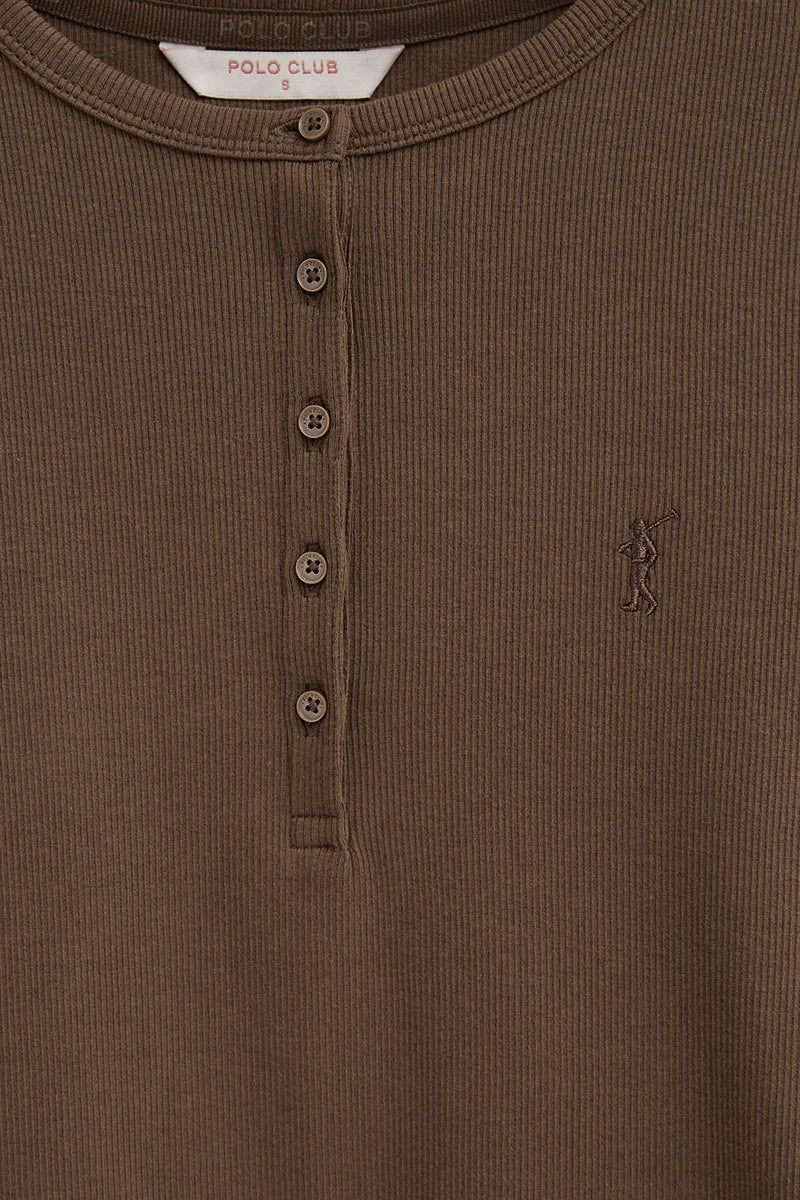 2026 New Arrival Brown ribbed Henley T-shirt with Rigby Go embroidery