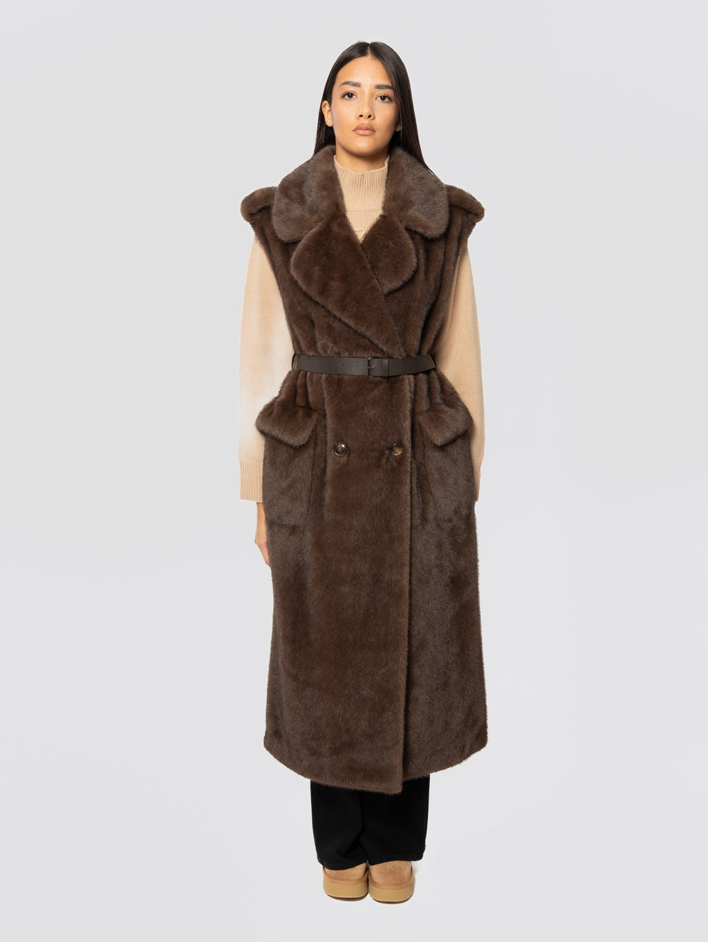 2026 New Arrival Gilet Lungo in Ecopelliccia Marrone