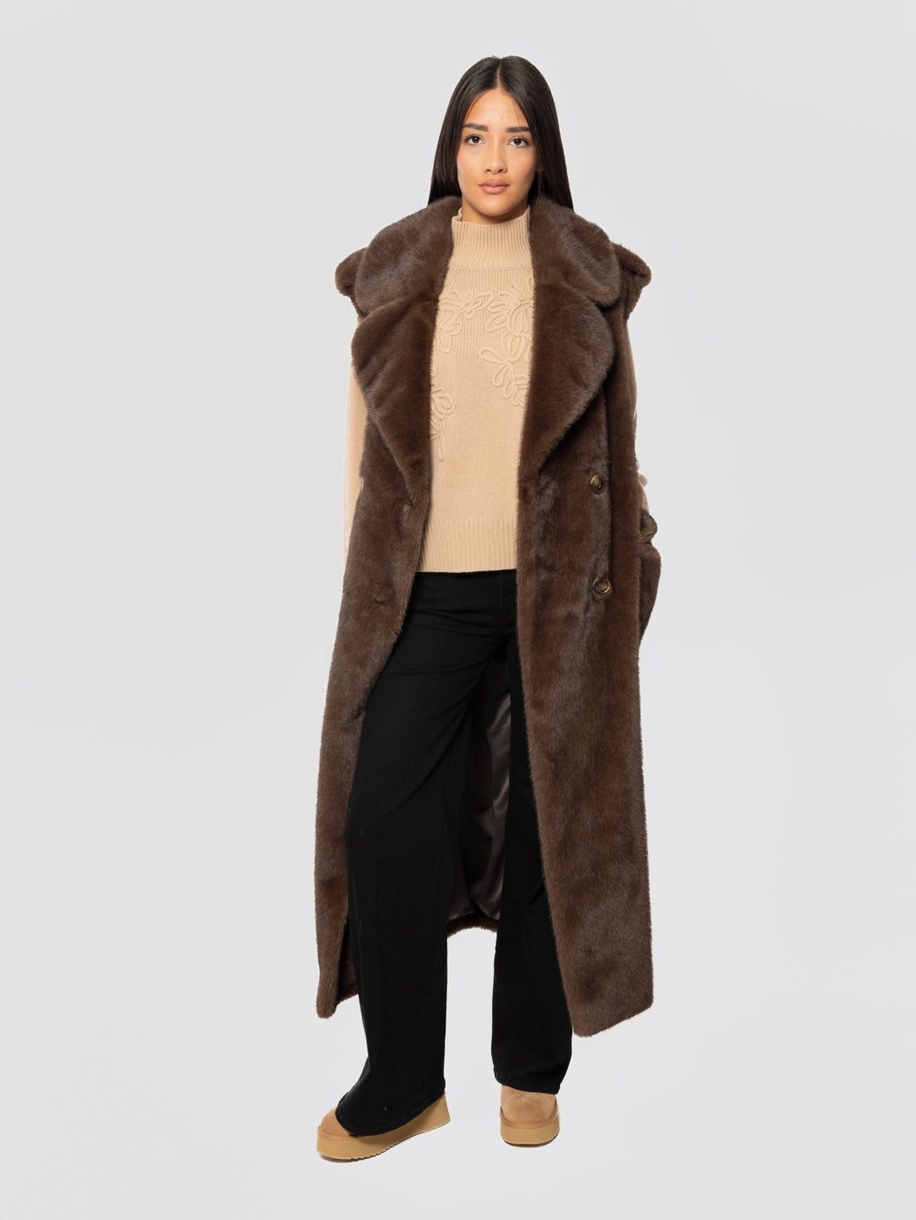 2026 New Arrival Gilet Lungo in Ecopelliccia Marrone
