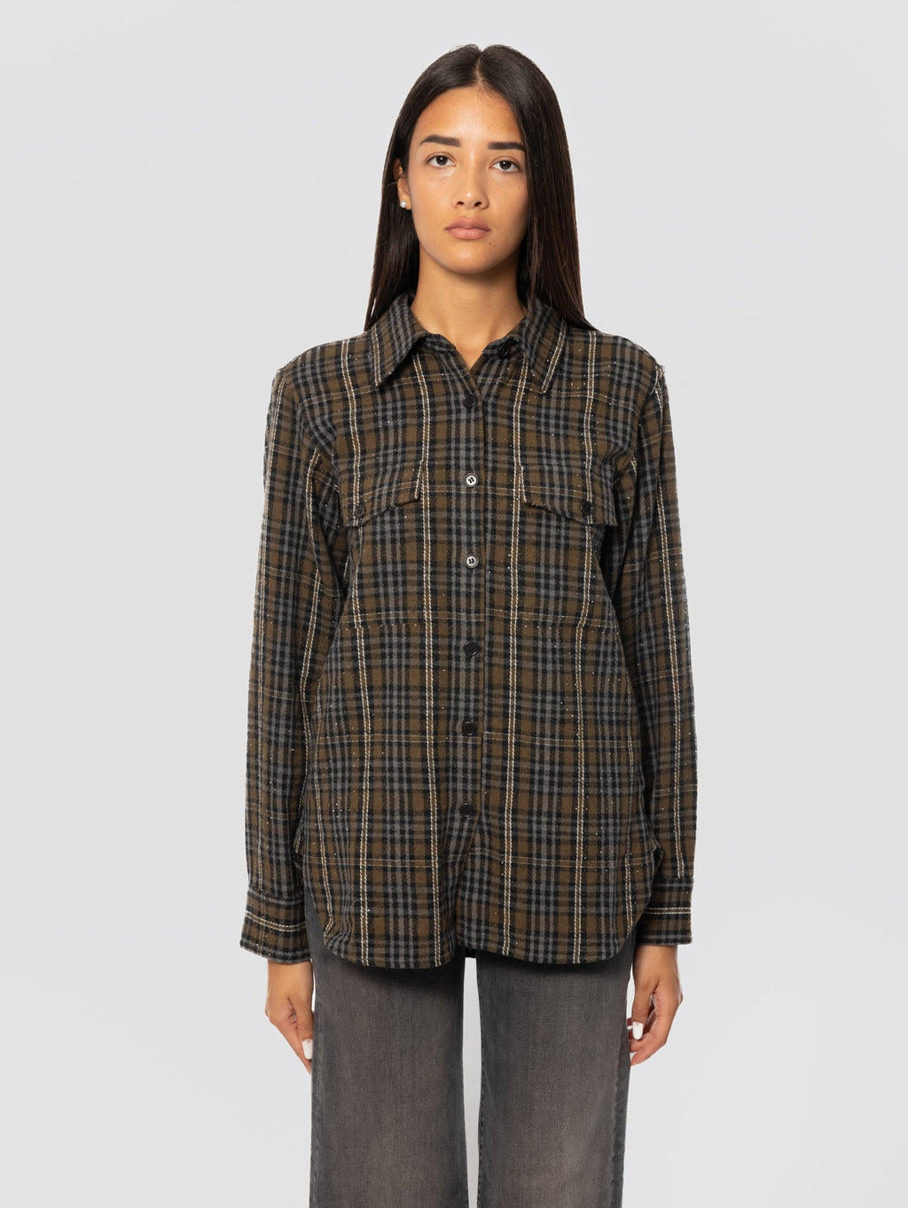 2026 New Arrival Camicia Check in Flanella con Strass Verde