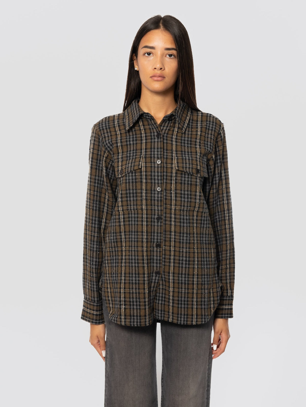 2026 New Arrival Camicia Check in Flanella con Strass Verde