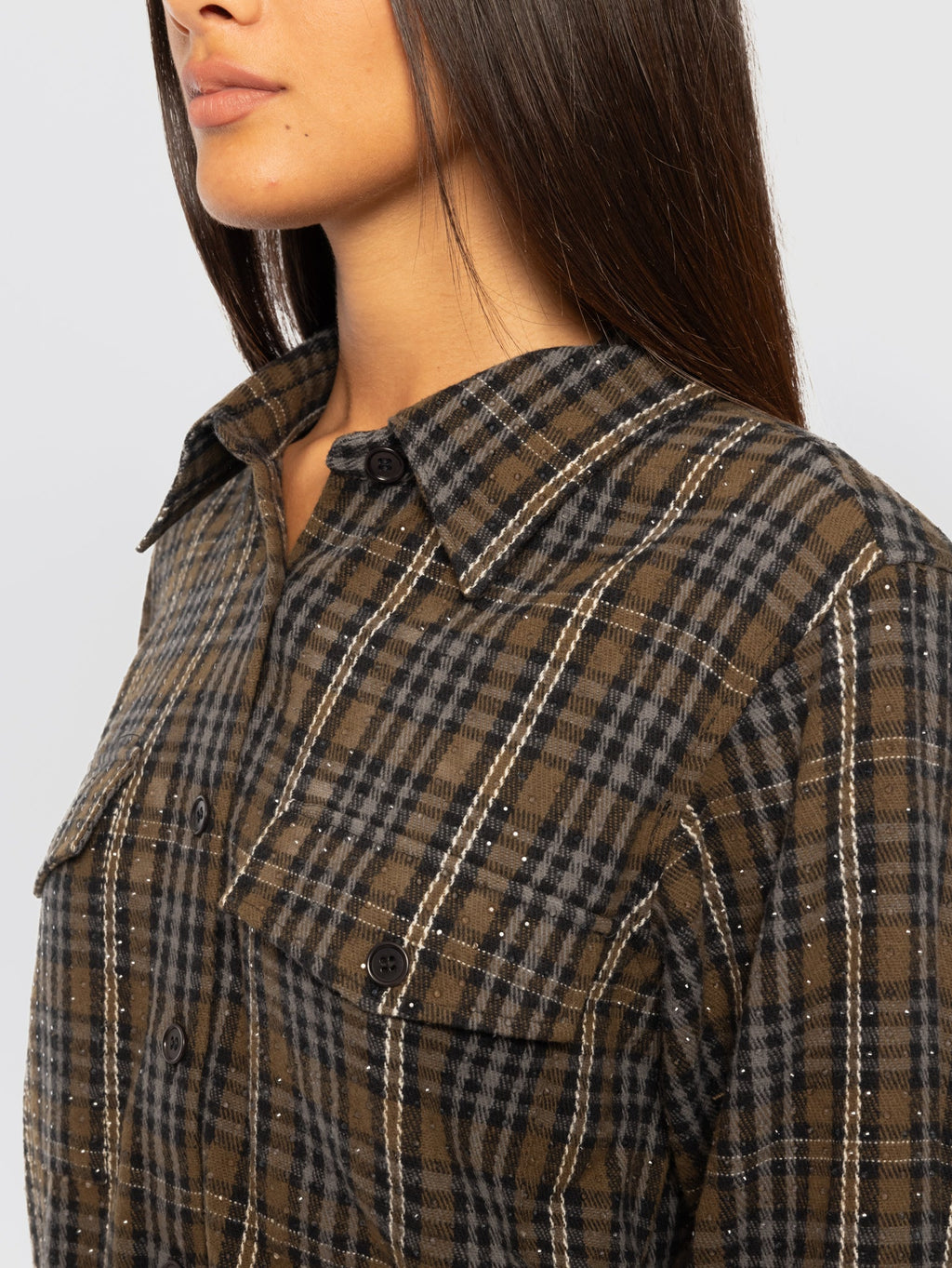 2026 New Arrival Camicia Check in Flanella con Strass Verde
