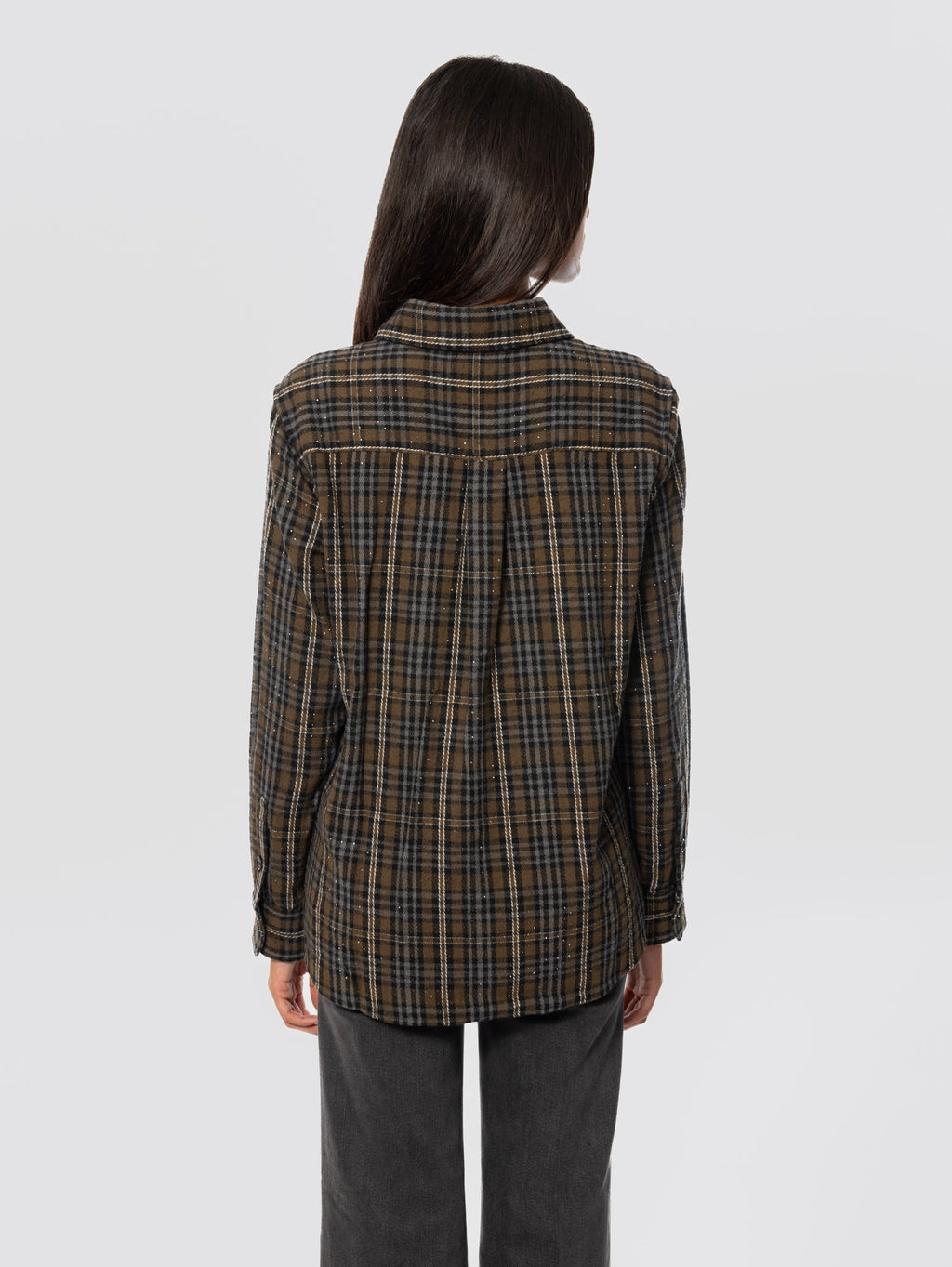 2026 New Arrival Camicia Check in Flanella con Strass Verde