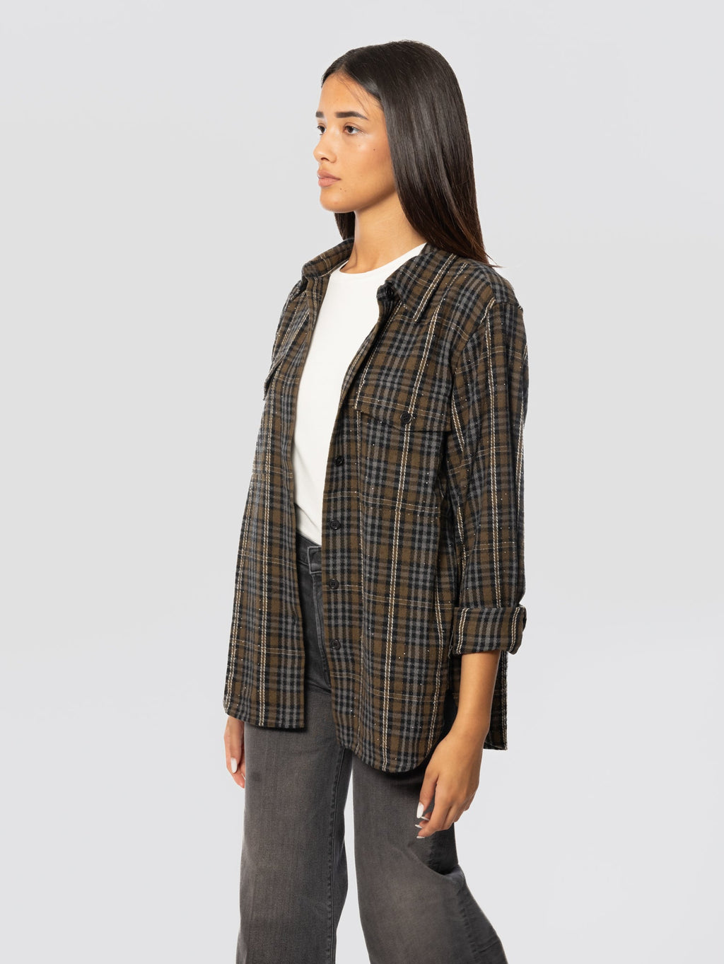 2026 New Arrival Camicia Check in Flanella con Strass Verde