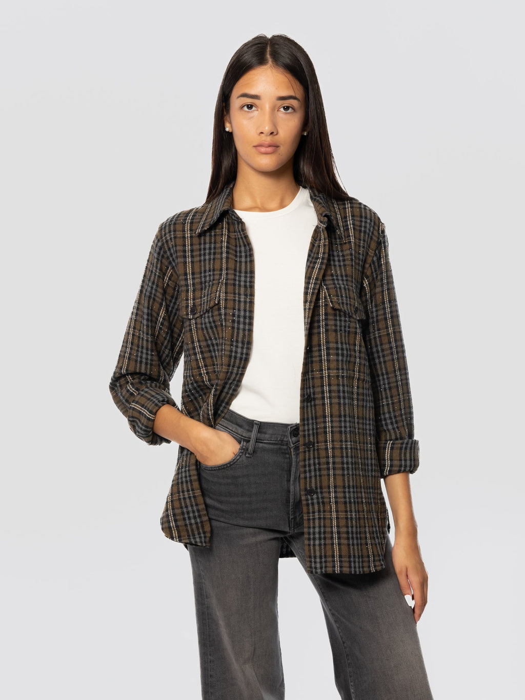 2026 New Arrival Camicia Check in Flanella con Strass Verde