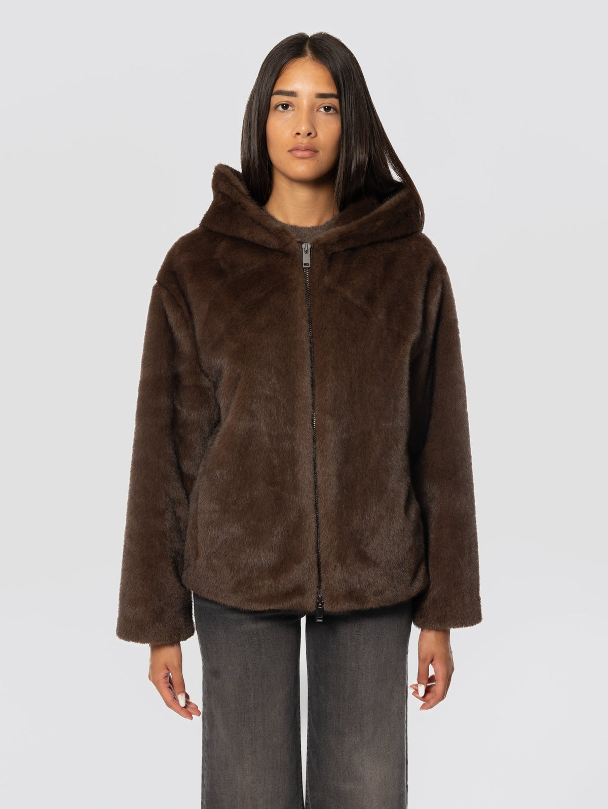2026 New Arrival Giubbotto in Ecopelliccia con Cappuccio Marrone