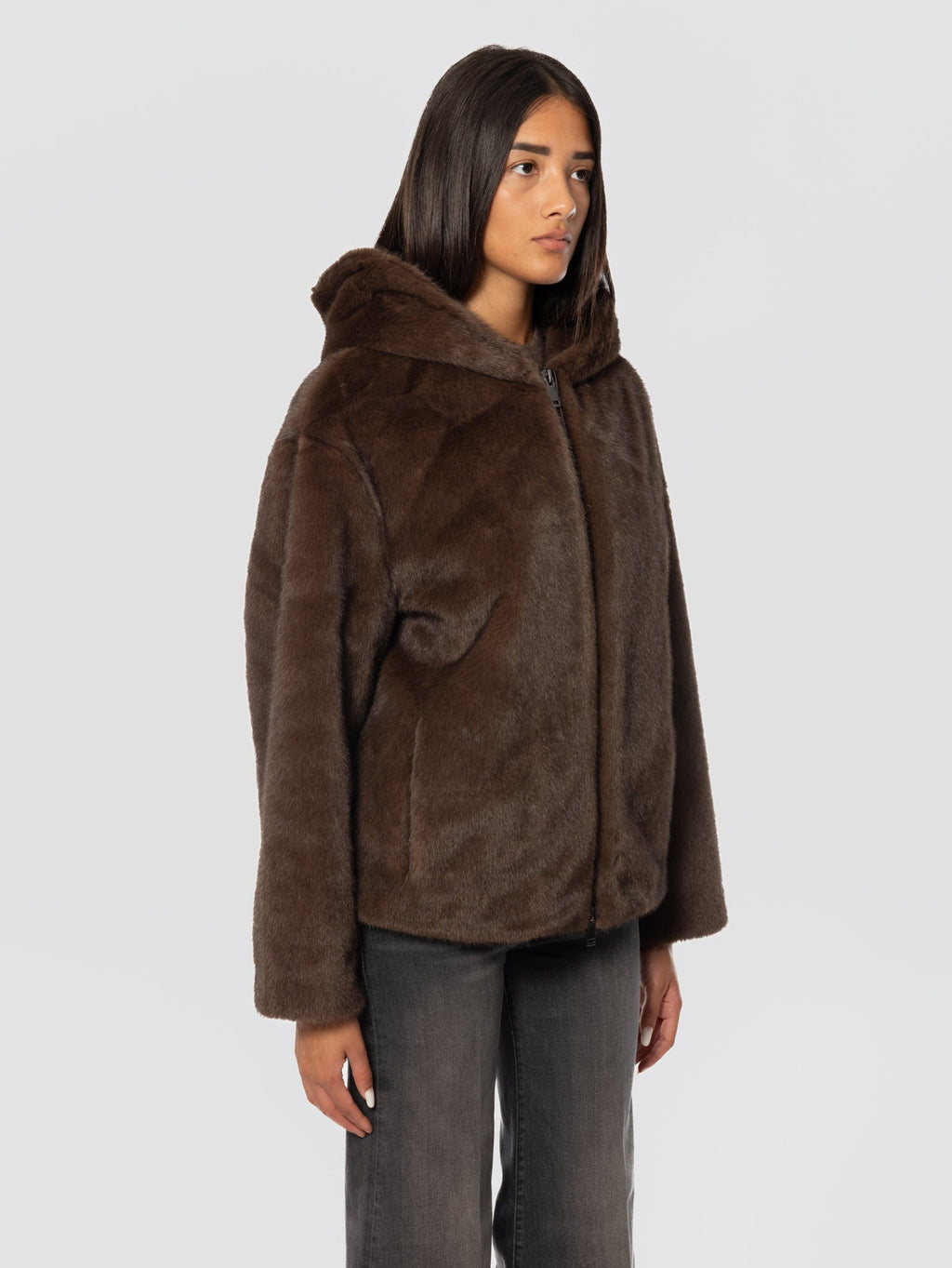 2026 New Arrival Giubbotto in Ecopelliccia con Cappuccio Marrone