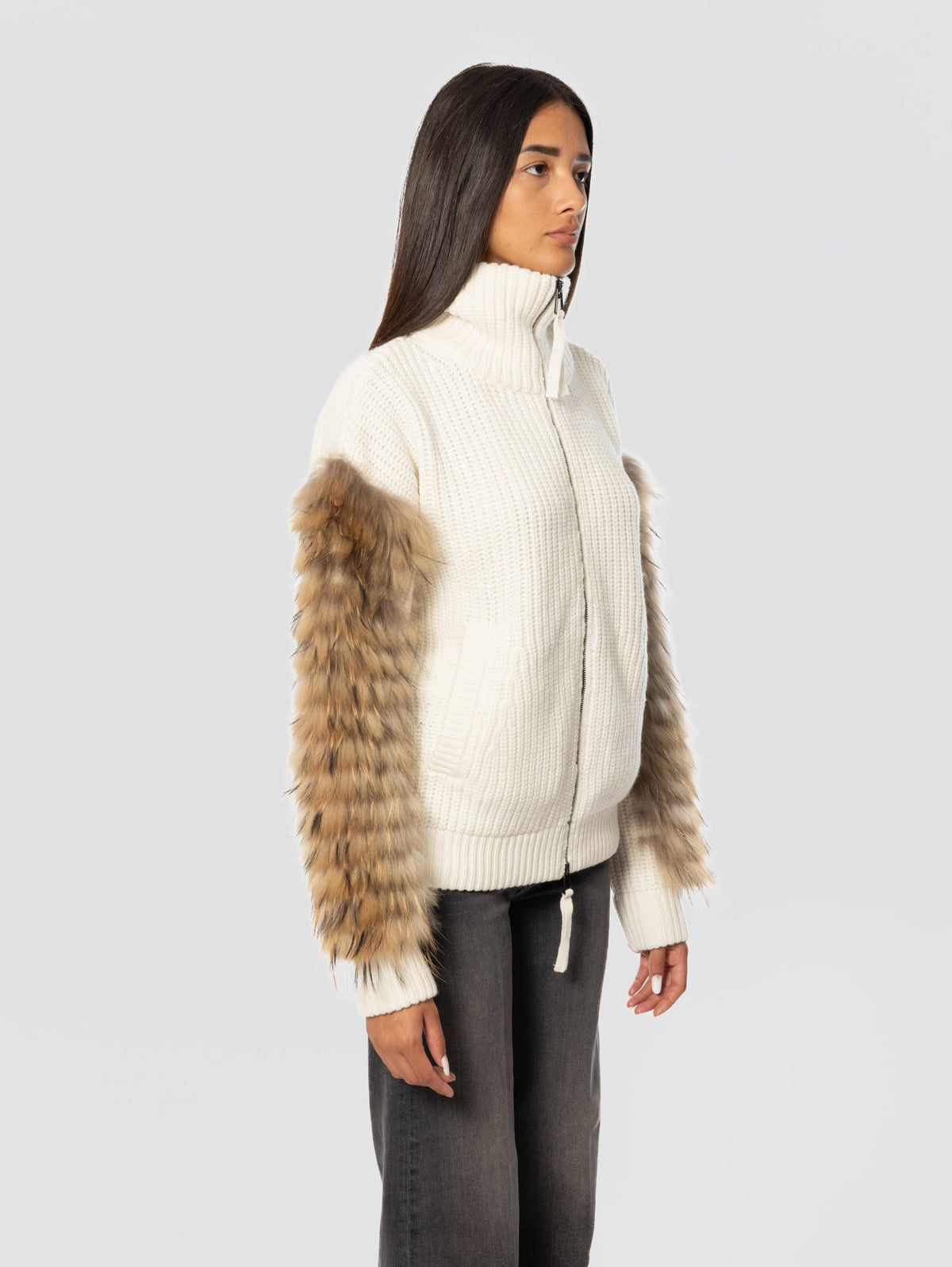 2026 New Arrival Giacchetto in Maglia di Lana con Pelliccia Panna