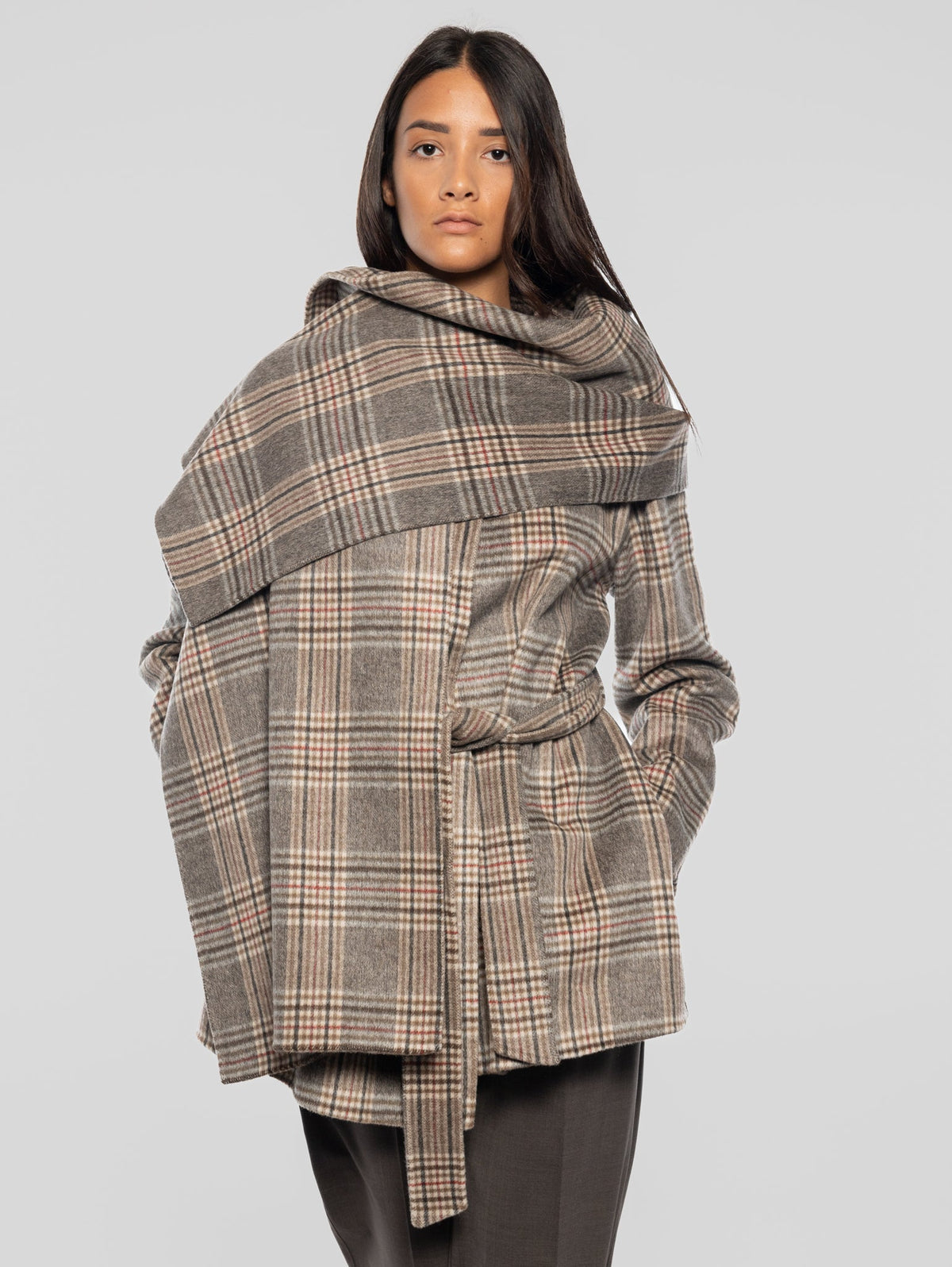 2026 New Arrival Cappotto Corto Check con Cintura Marrone