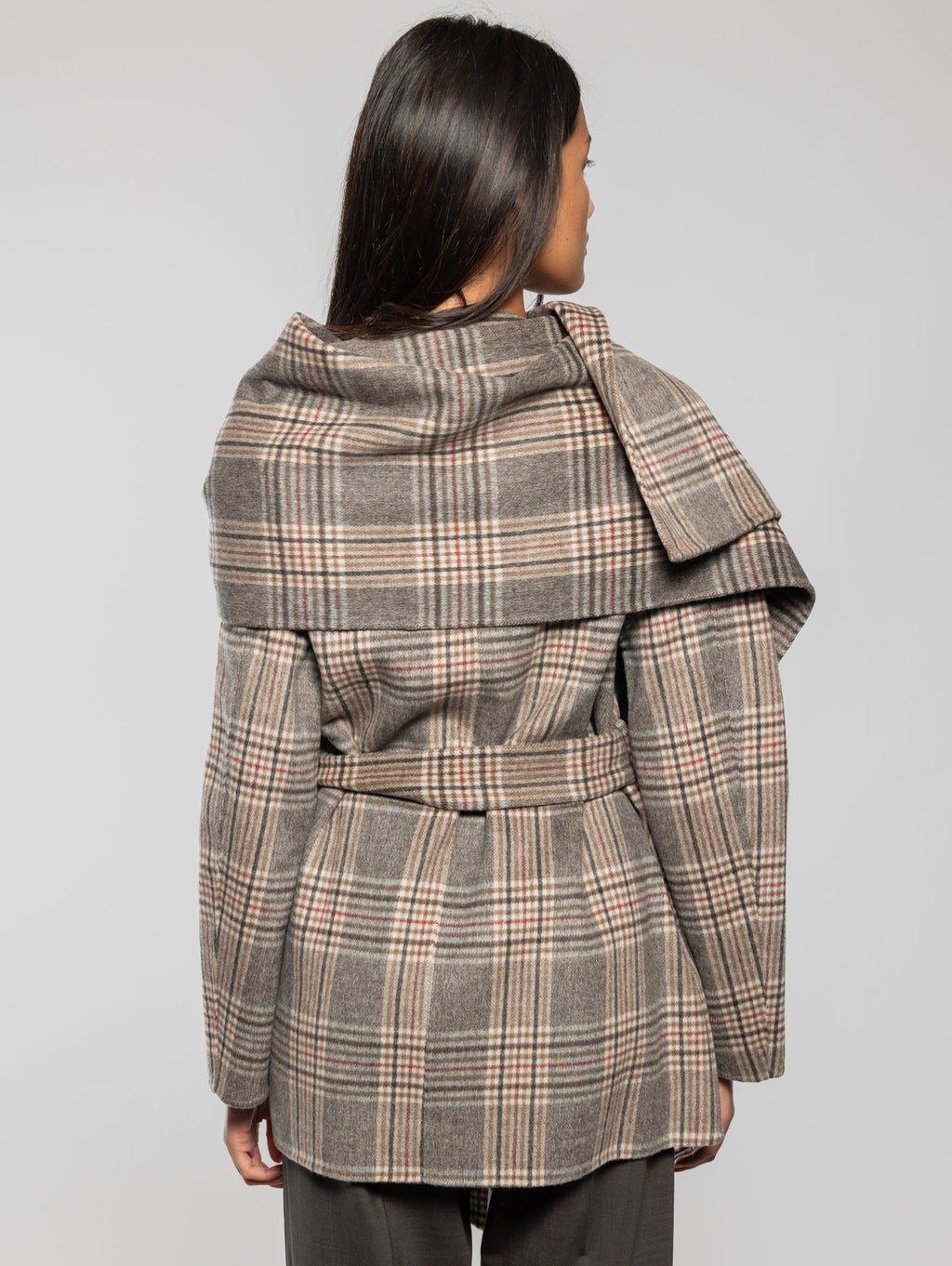 2026 New Arrival Cappotto Corto Check con Cintura Marrone