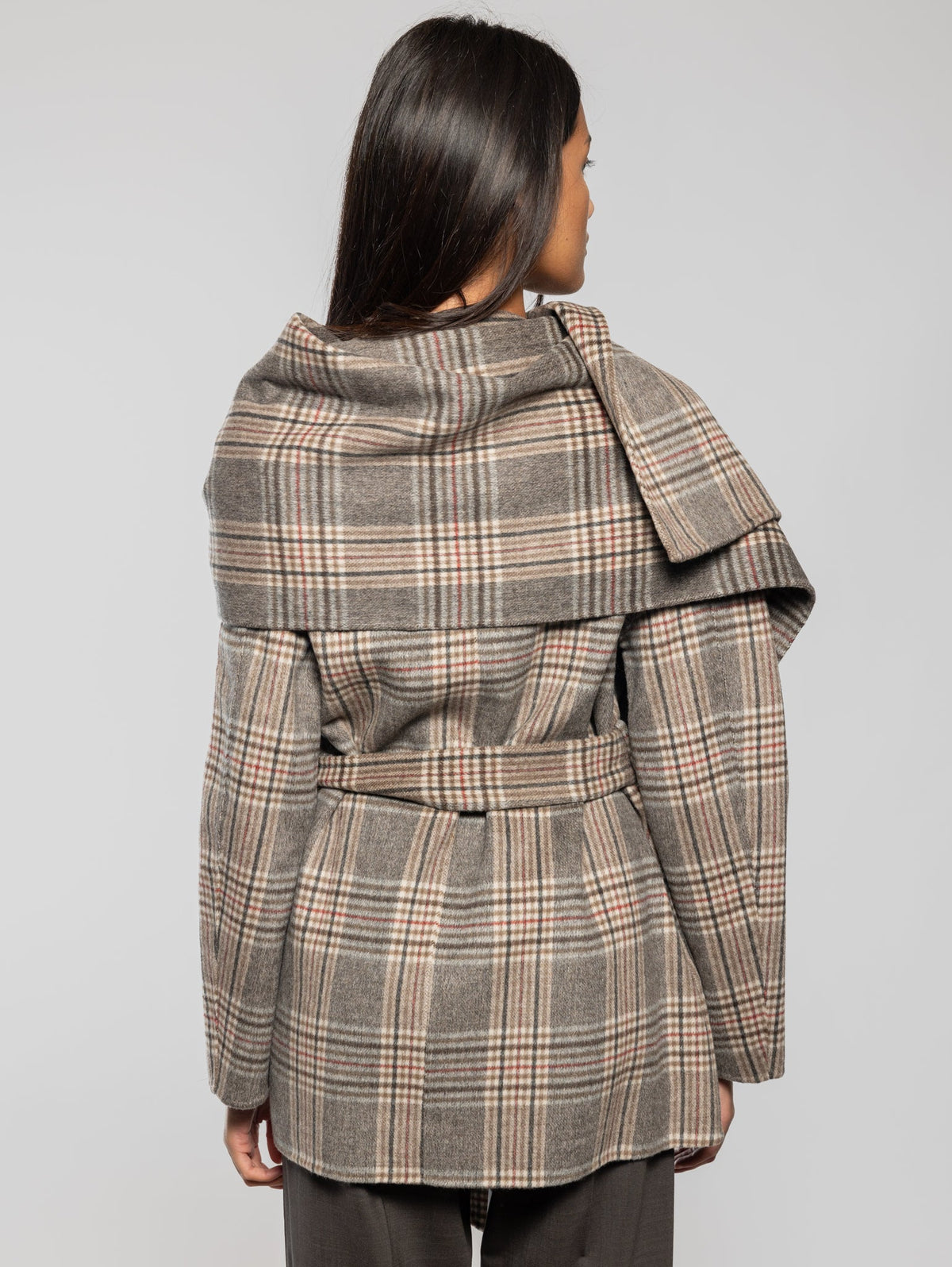 2026 New Arrival Cappotto Corto Check con Cintura Marrone