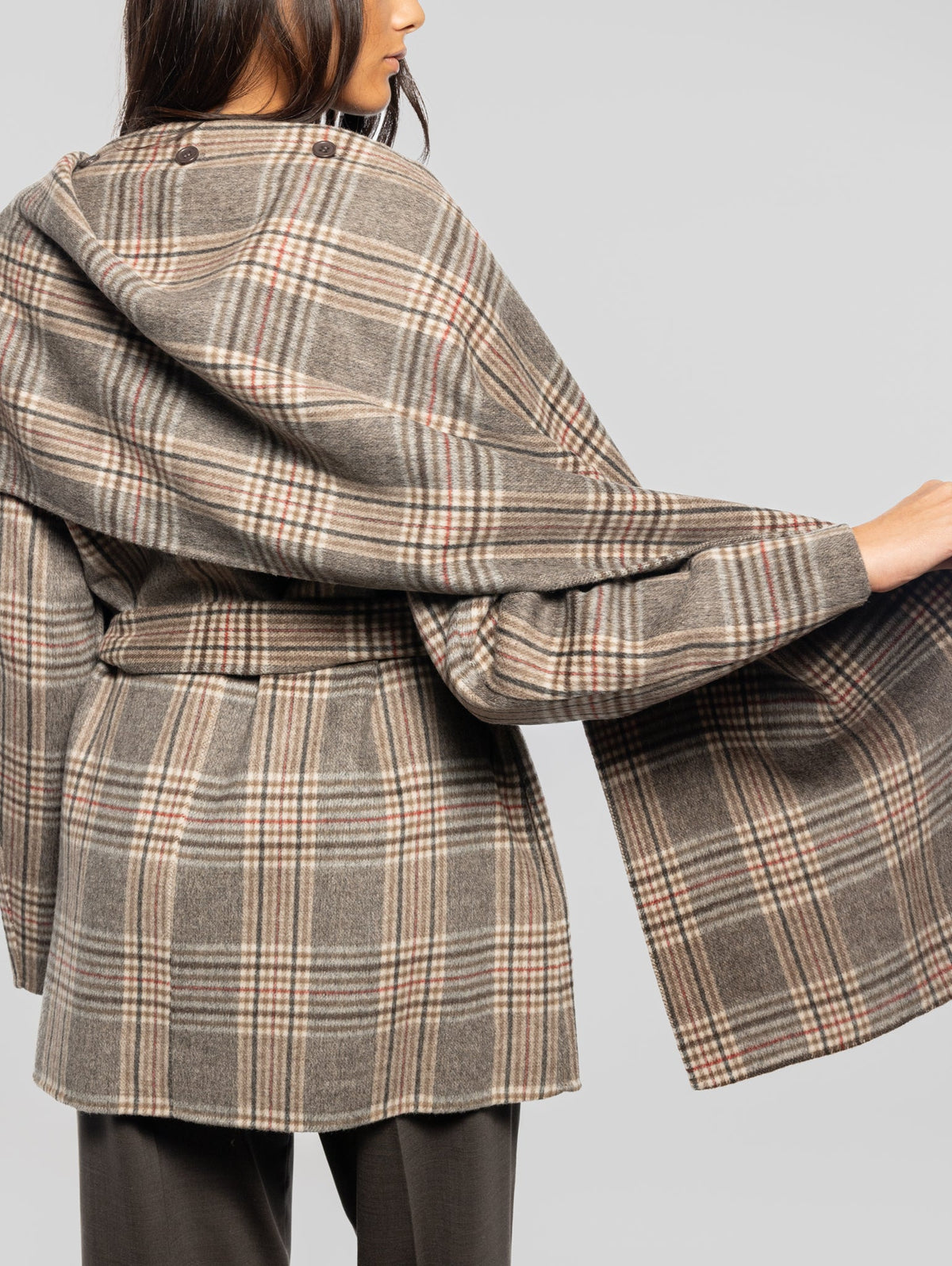 2026 New Arrival Cappotto Corto Check con Cintura Marrone