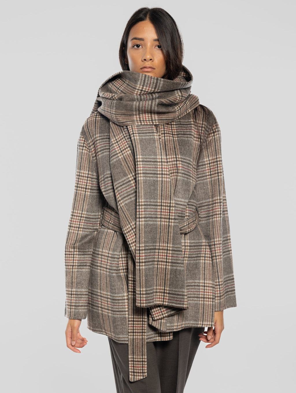 2026 New Arrival Cappotto Corto Check con Cintura Marrone