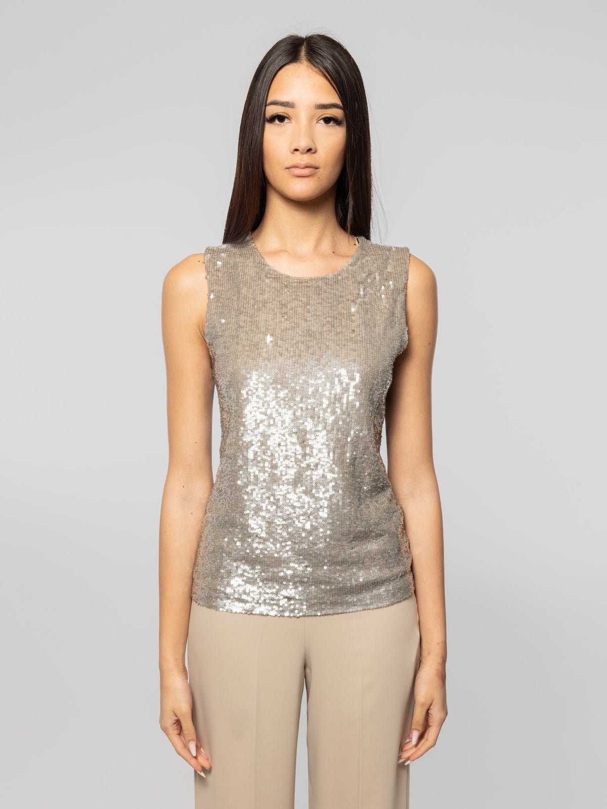 2026 New Arrival Blusa Girocollo Full Paillettes Grigio Mélange Chiaro