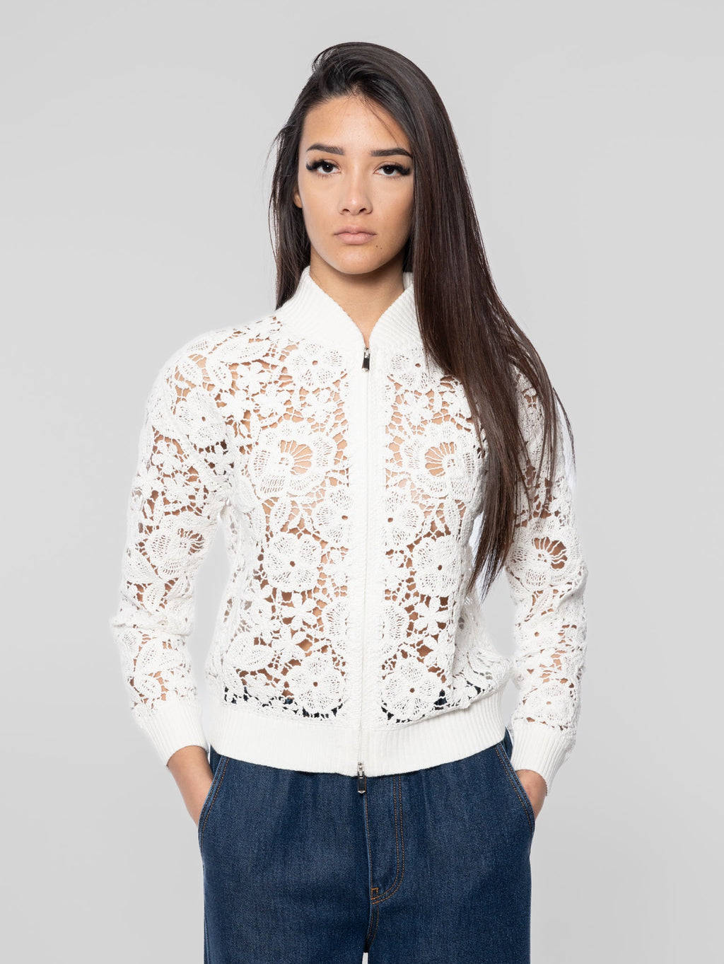 2026 New Arrival Bomber in Pizzo Macramè Panna