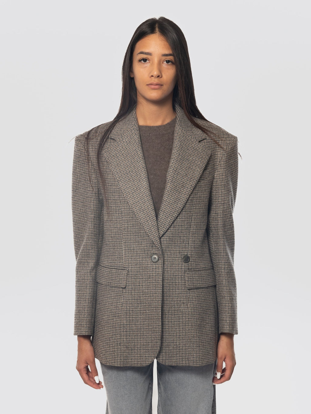 2026 New Arrival Giacca Oversize Pied de Poule Marrone