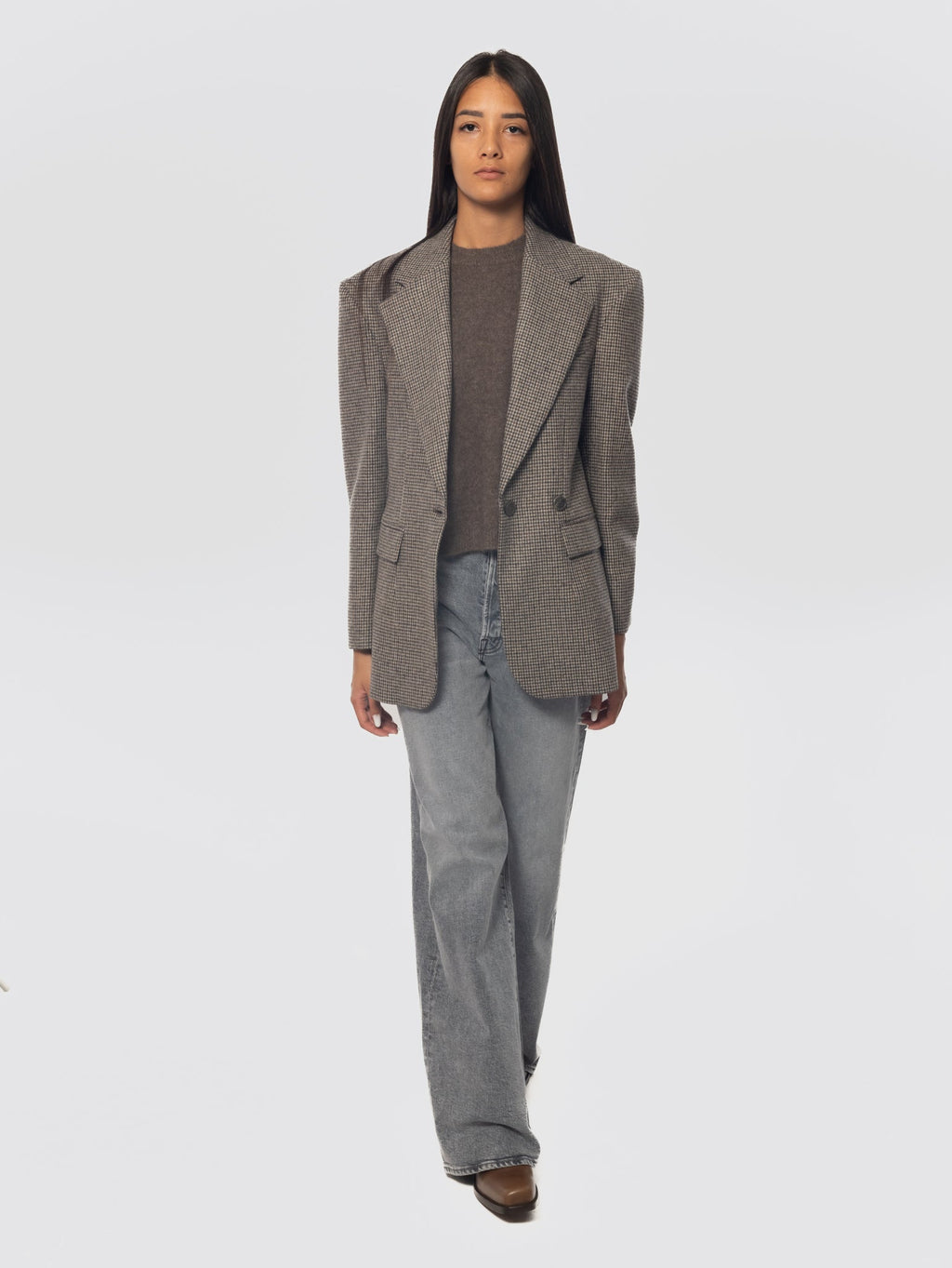 2026 New Arrival Giacca Oversize Pied de Poule Marrone