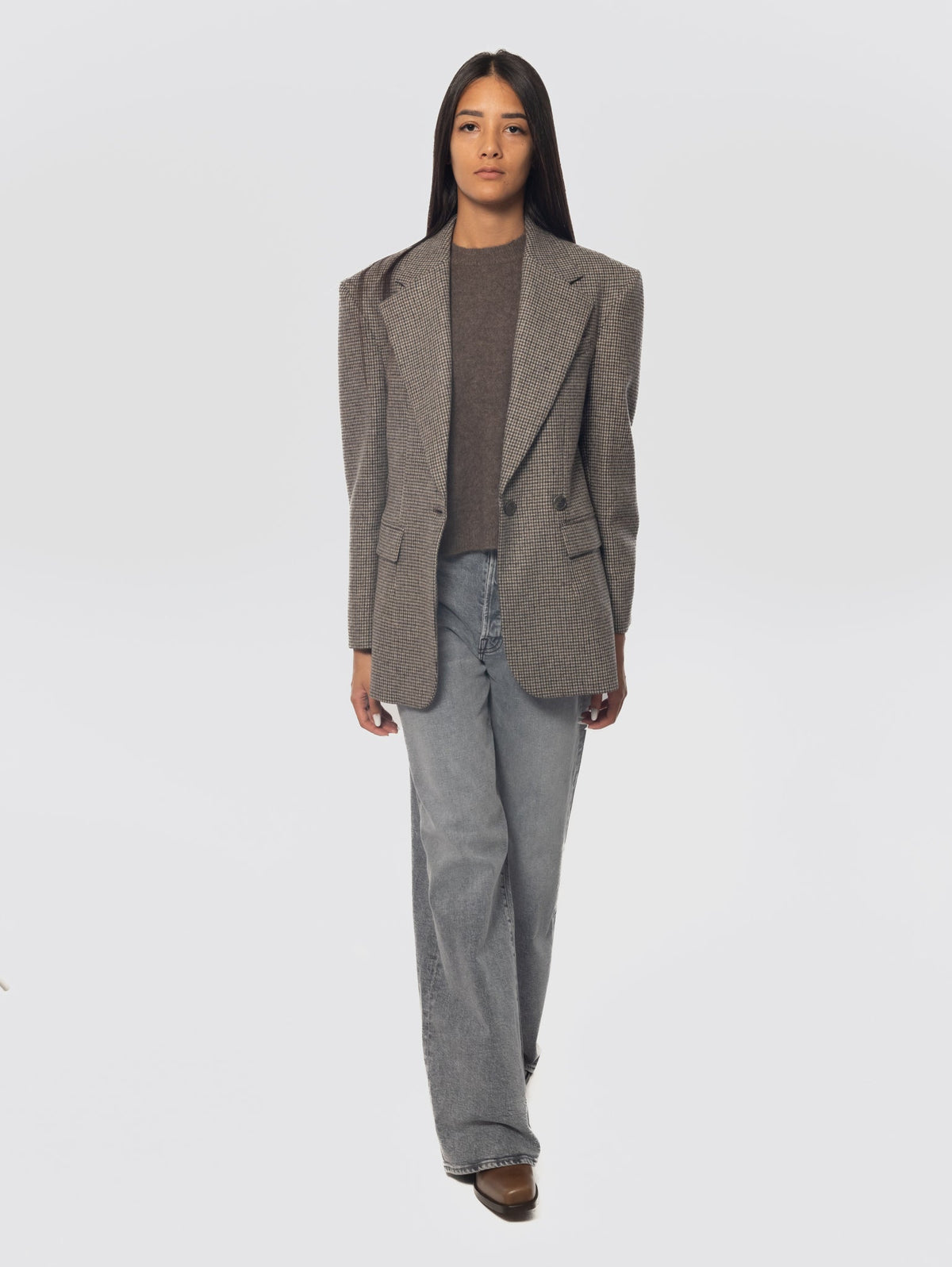 2026 New Arrival Giacca Oversize Pied de Poule Marrone