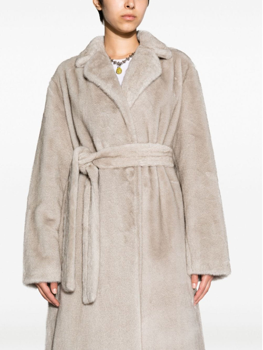 2026 New Arrival Cappotto con Cintura in Eco Pelliccia Grigio