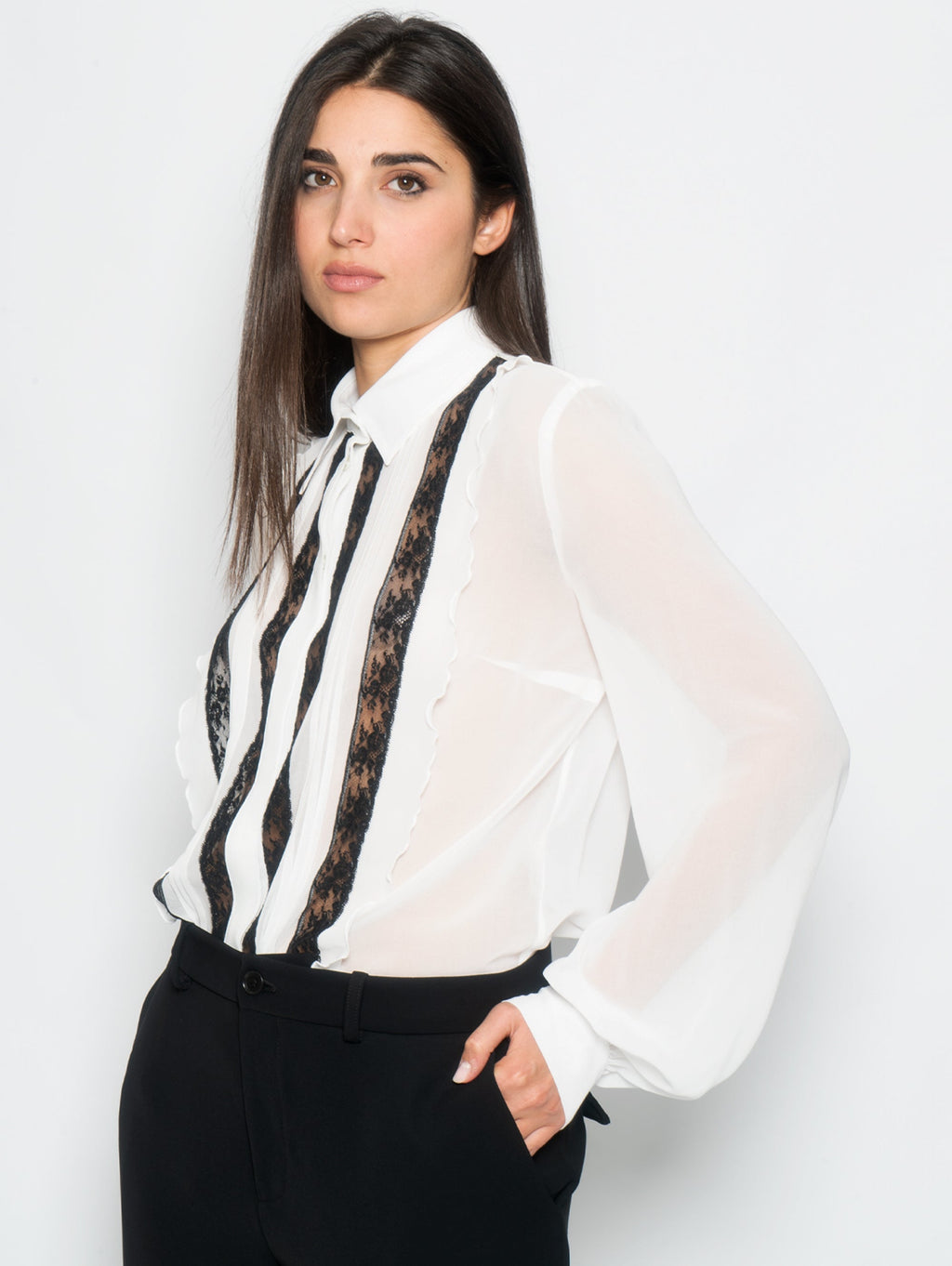 2026 New Arrival Camicia Velata con Dettagli in Pizzo Bianco