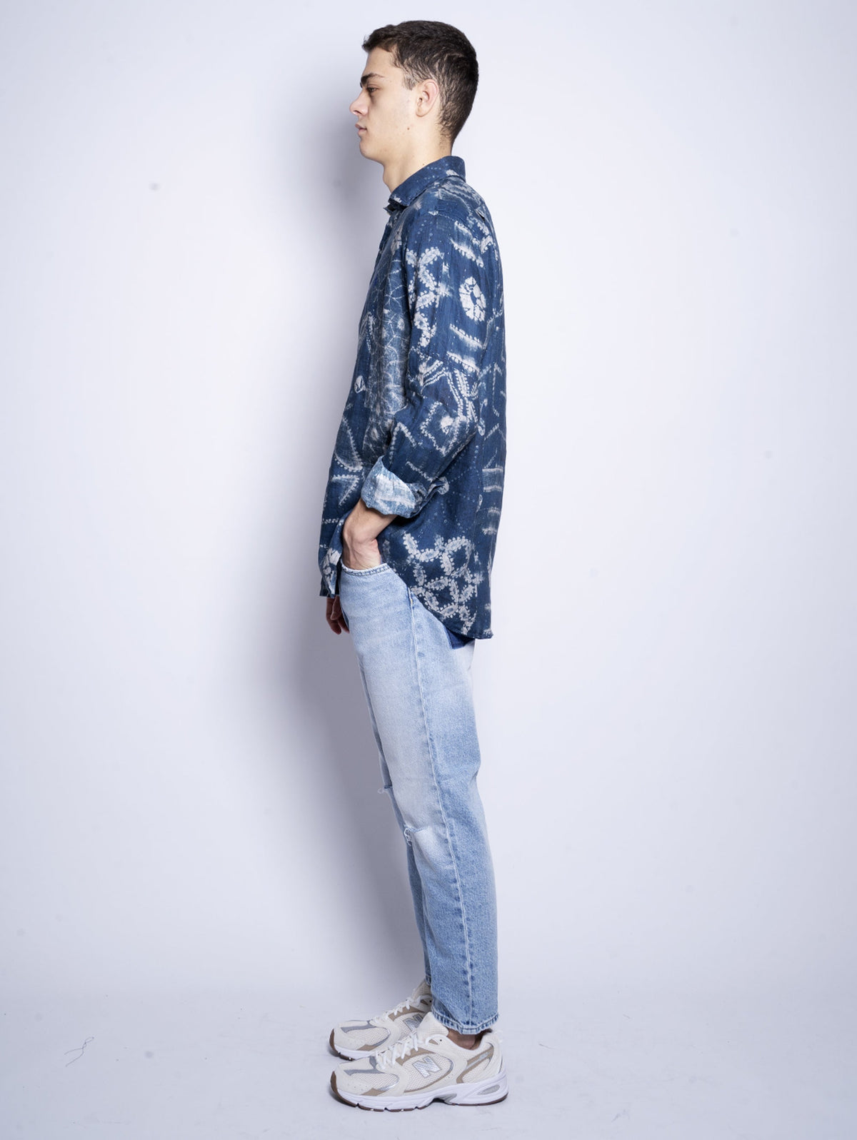 2026 New Arrival Camicia in Lino Indigo e Stampa Etnica Blu